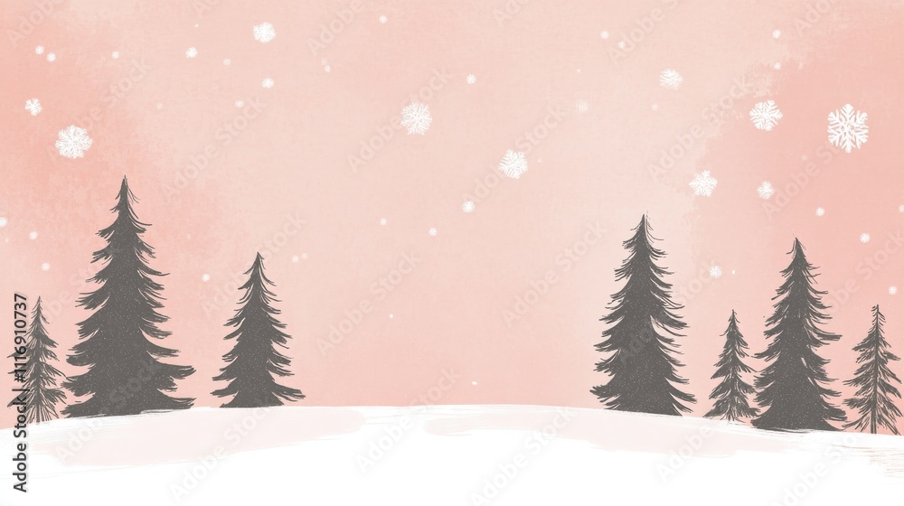 Fototapeta premium A Gentle Winter Landscape with Silhouettes of Pine Trees and Falling Snowflakes on a Soft Pink Sky