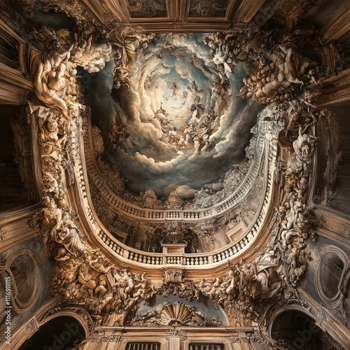 A Glimpse of Heaven: Baroque Architecture and Art: An intricate and opulent ceiling fresco in a grand hall, showcasing the artistry of the Baroque era, with its dramatic composition, ornate details.