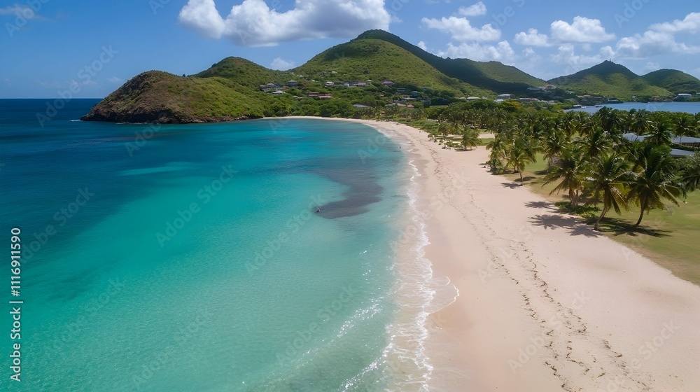 Aerial view of a pristine beach with turquoise water, white sand, palm trees, and lush green hills under a sunny sky. Aerial view of a pristine beach with turquoise water, white sand, palm trees, and lush green hills under a sunny sky.