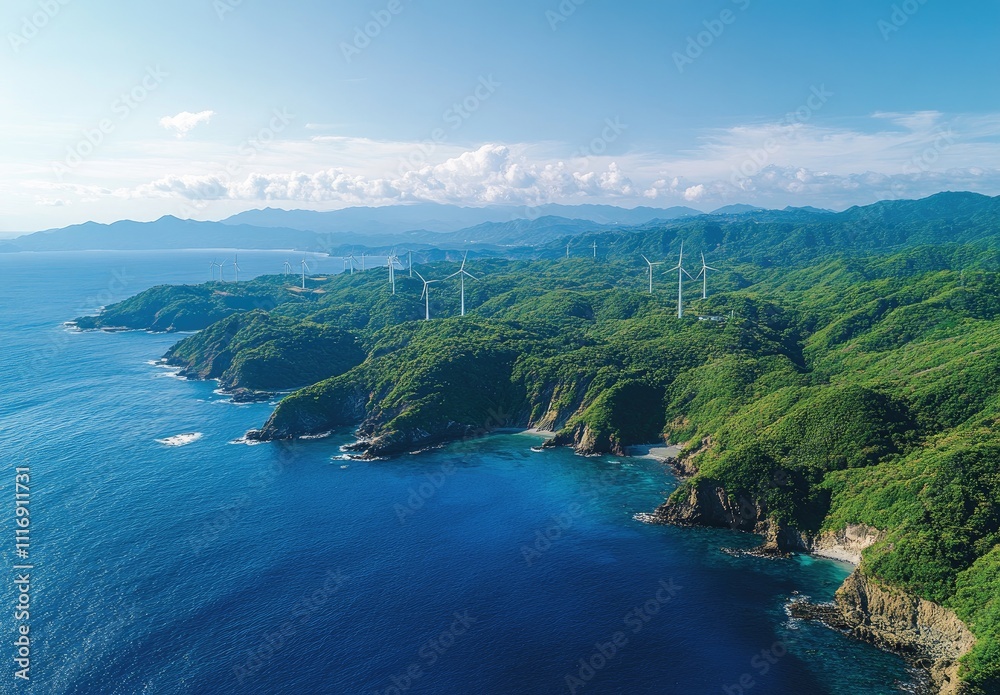 Fototapeta premium Coastal Wind Turbines Green Hills Ocean View