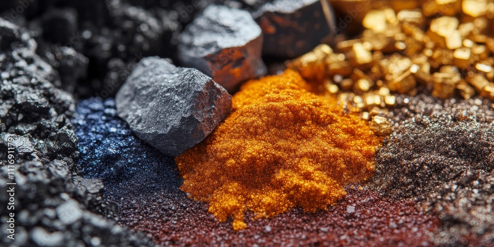 Close-up of rare iron compounds, rich color details, scientific setting showcasing their unique chemical properties Close-up of rare iron compounds, rich color details, scientific setting showcasing their unique chemical properties
