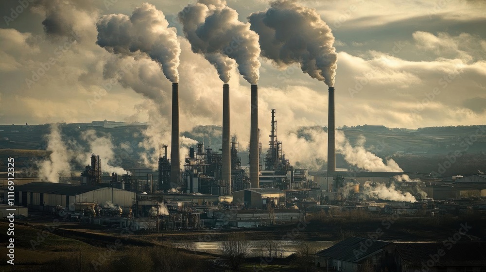 Industrial landscape with smokestacks emitting pollution. Industrial landscape with smokestacks emitting pollution.