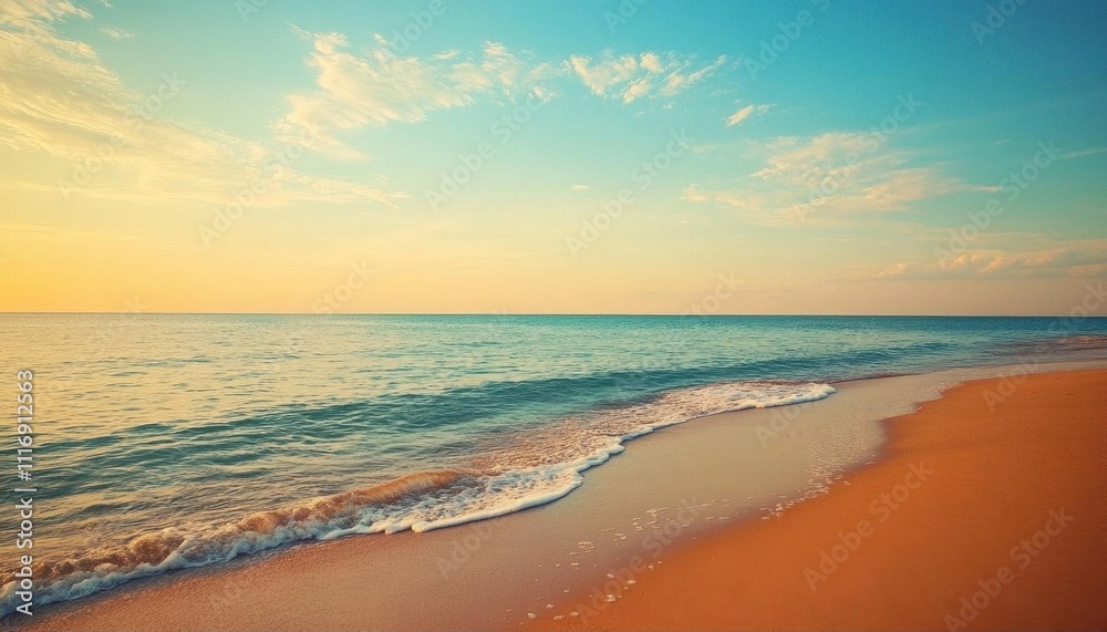 Serene beach scene at sunset with gentle waves and a colorful sky. Serene beach scene at sunset with gentle waves and a colorful sky.