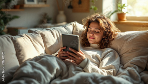 Woman reading an e-book on a cozy sofa