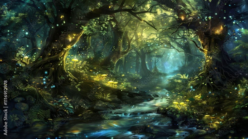 Enchanted forest scene with glowing lights and a serene stream.