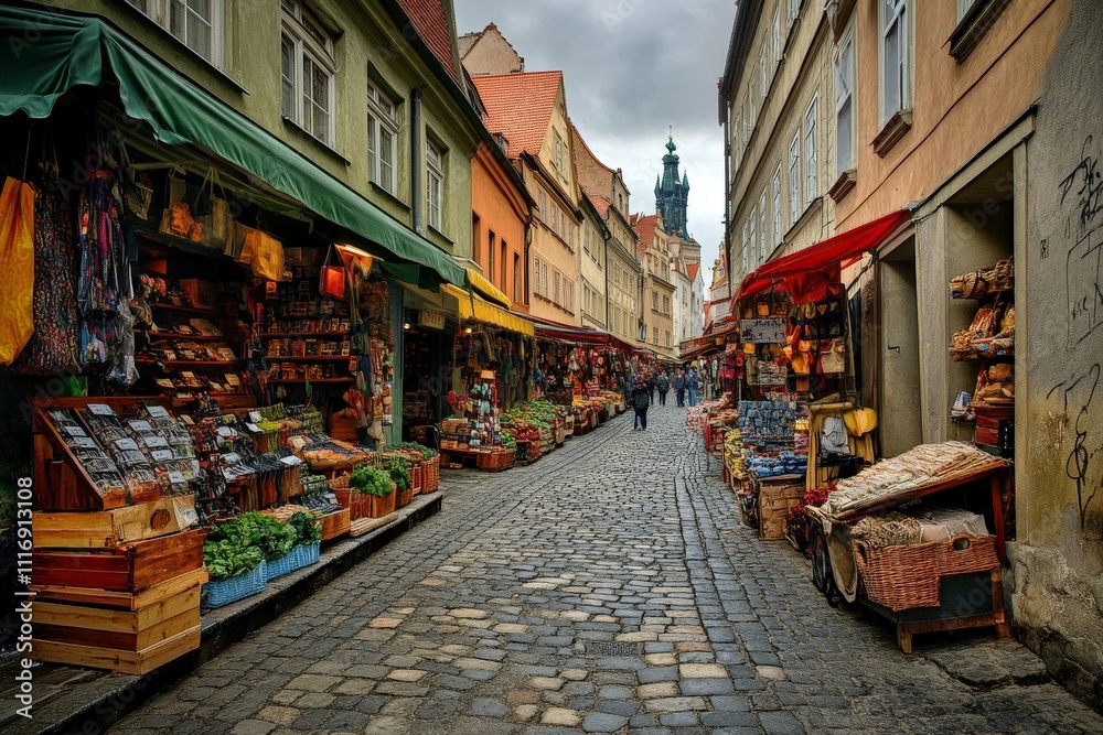 Fototapeta premium Street market in an old European city, lined with colorful stalls and cobblestone pathways