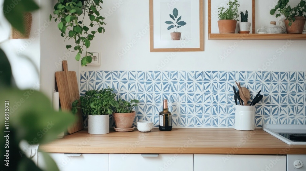 Modern kitchen with blue patterned backsplash, wooden countertop, and potted herbs. Modern kitchen with blue patterned backsplash, wooden countertop, and potted herbs.