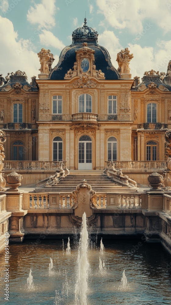 Fototapeta premium Symmetrical palace facade with fountains in front, royal and grand