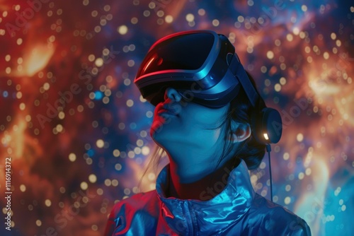 A person wearing a VR headset, immersed in a cosmic environment.