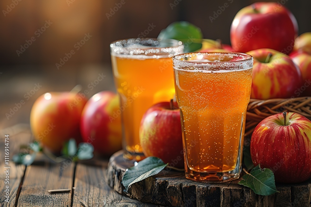 Two glasses of apple juice are on a wooden table with a basket of apples Two glasses of apple juice are on a wooden table with a basket of apples