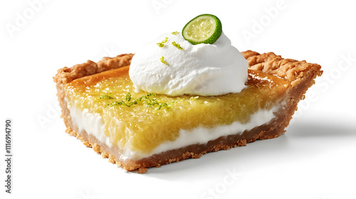 Piece of key lime pie with a dollop of whipped cream and lime zest garnish isolated on white
