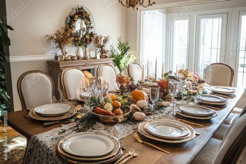 Thanksgiving family gathering in a cozy dining room with warm decor photo