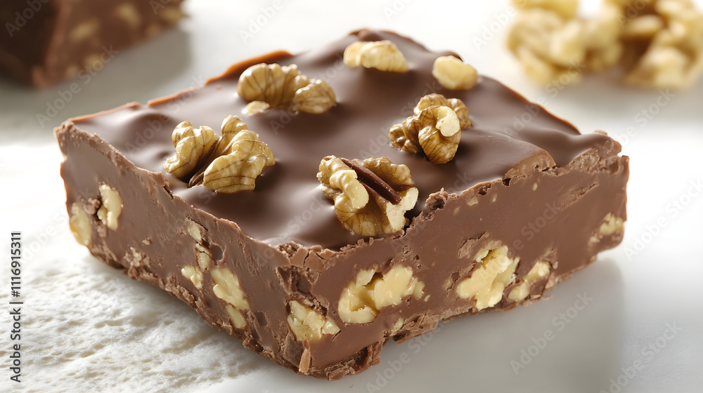 A square of rich chocolate fudge with walnuts embedded on white background A square of rich chocolate fudge with walnuts embedded on white background
