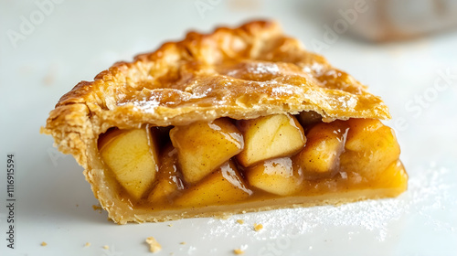 Apple pie slice with caramelized apple chunks and flaky crust on white background
