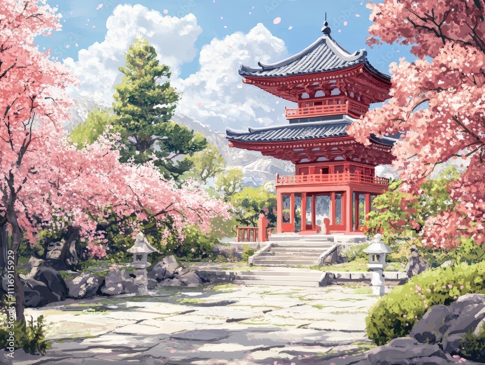 Traditional Japanese pagoda surrounded by cherry blossoms, showcasing classic architectural beauty Traditional Japanese pagoda surrounded by cherry blossoms, showcasing classic architectural beauty