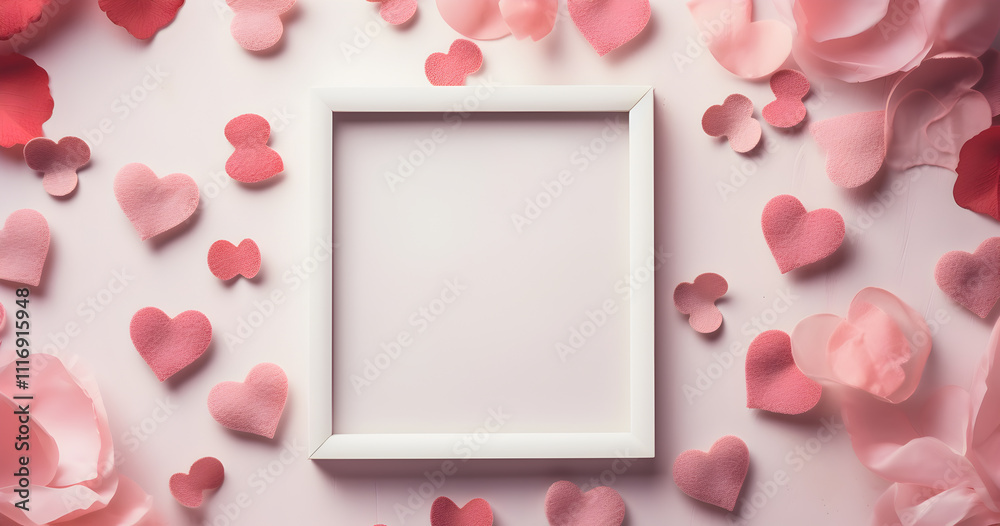Decorative heart-themed setup with a blank frame surrounded by paper hearts for romantic occasions or special events Decorative heart-themed setup with a blank frame surrounded by paper hearts for romantic occasions or special events