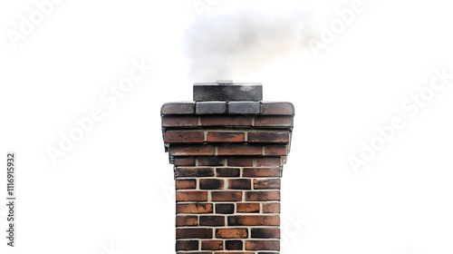 Brick chimney with smoke puffing out of the top on white background photo