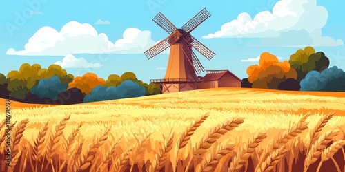 Traditional windmill in a wheat field, symbolizing heritage farming photo