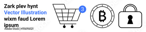 Shopping cart with item count, cryptocurrency symbol, and security padlock in a sleek design. Ideal for e-commerce, digital transactions, online shopping, cybersecurity, crypto payments, user