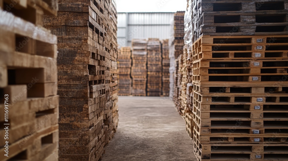 Warehouse with pallets stacked, ready for distribution logistics Warehouse with pallets stacked, ready for distribution logistics