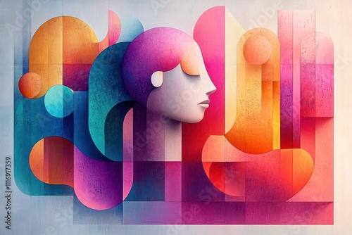 Mental Health, Anxiety, Depression, Resilience, Therapy, Meditation, Stress, Abstract Composition, Pastel Colors, Geometric Shapes, Emotional Balance