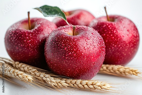 Two red apples with green leaves on top of a white background photo