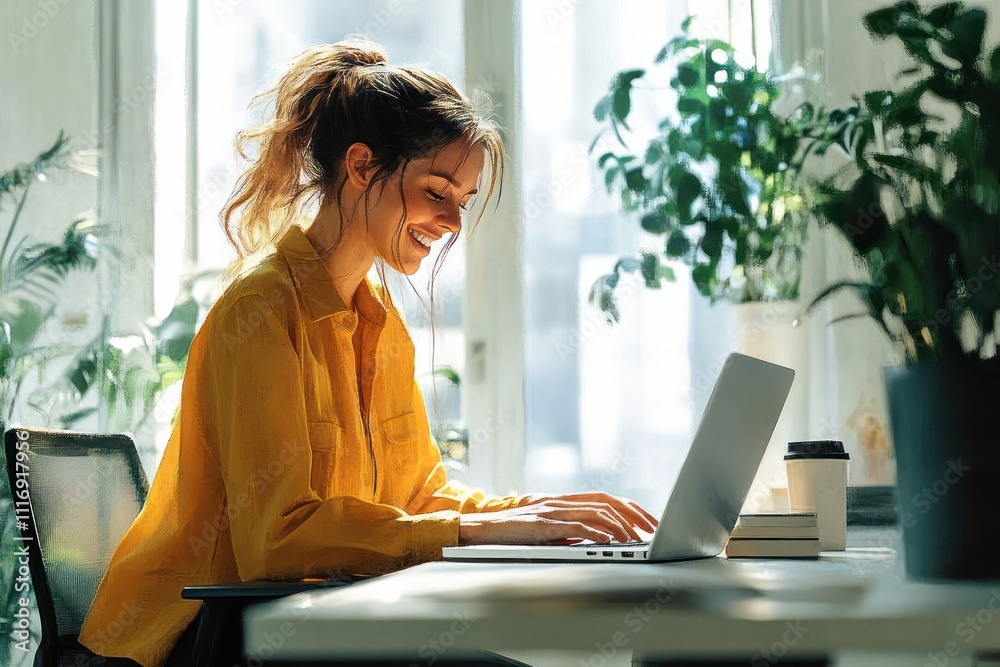 Businesswoman Working on Laptop in Modern Office with Team Collaboration Businesswoman Working on Laptop in Modern Office with Team Collaboration