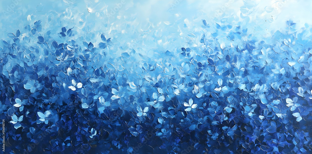 Abstract painting featuring varying shades of blue with delicate white highlights.