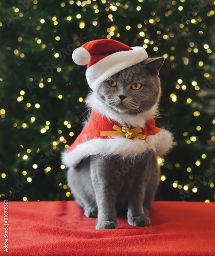 British cat in a Santa Claus costume on Christmas tree background with bokeh lights. Christmas or New Year card.