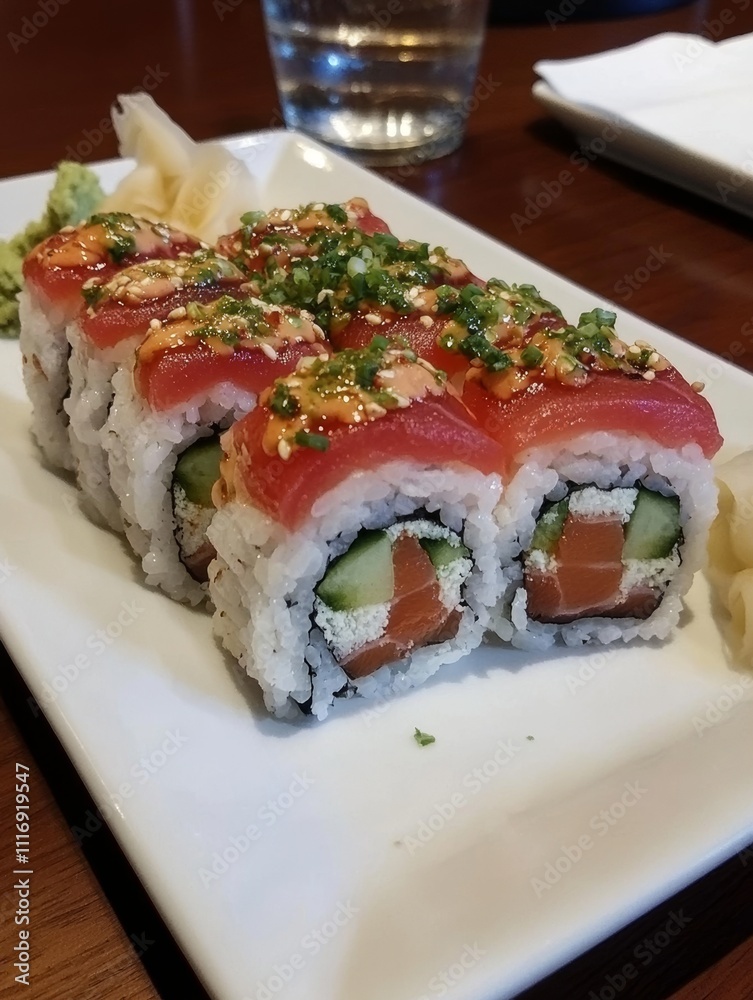 A plate of sushi with a green garnish on top - ai A plate of sushi with a green garnish on top - ai