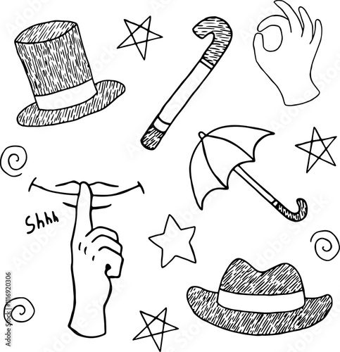 illuminati symbols, hat with fields, cane, hand showing three sixes, top hat, symbol of quiet, stars, open umbrella, black pen hand drawing