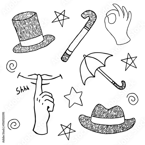 illuminati symbols, hat with fields, cane, hand showing three sixes, top hat, symbol of quiet, stars, open umbrella, black pen hand drawing photo