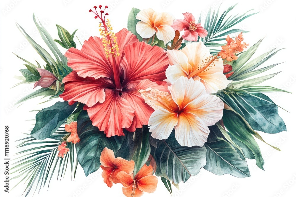 Watercolor illustration of a vibrant tropical flower bouquet with hibiscus, palm leaves, and other foliage. Watercolor illustration of a vibrant tropical flower bouquet with hibiscus, palm leaves, and other foliage.