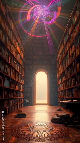 Mystical Fantasy Library Meditational Room With Illuminating Ethereal Lights. Generative AI photo