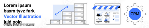 Digital display showcasing graph of warehouse expansion upward, storefront interface with user options, and CRM gear integration. Ideal for logistics, ecommerce, warehouse management, online