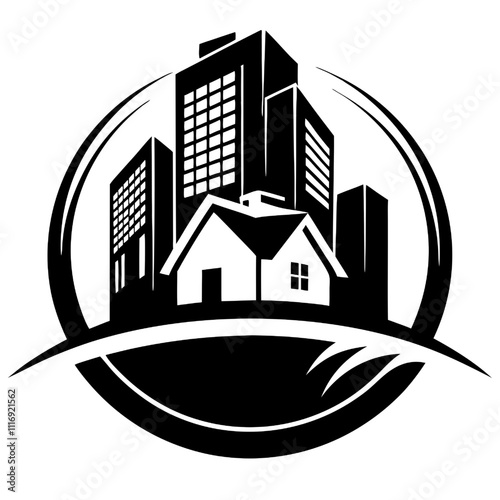 Urban Growth: A stylized icon depicting the merging of city and suburban life, symbolizing progress and development, ideal for real estate, construction, and urban planning themes.