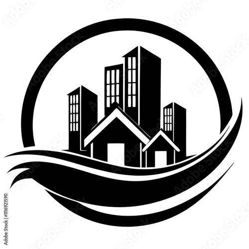 Vector Cityscape with a Wave: A stylized logo featuring a cityscape with buildings and homes, framed by a wave, conveying a sense of growth, community, and progress. 