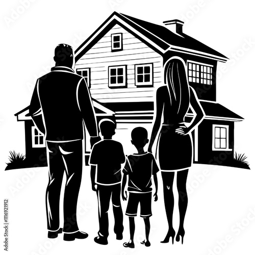 Family Home Vector : A silhouette of a happy family standing before their new home, representing dreams, growth, and the joys of family life.  