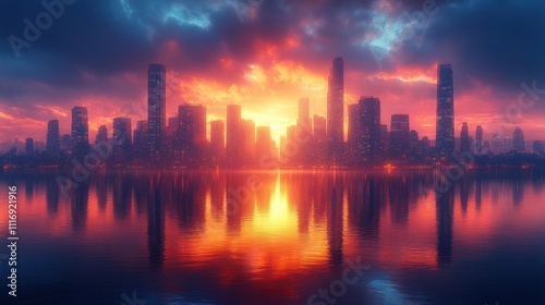 Surreal Cityscape at Dusk with Skyscrapers and Lake Reflection in Digital Art Style