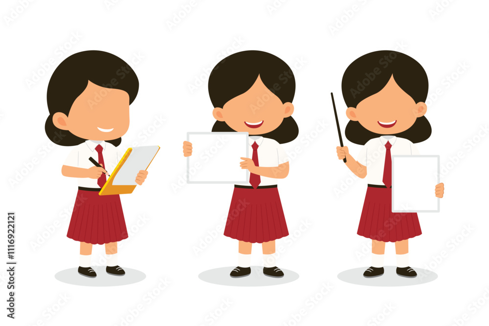 Cute Indonesian Elementary School Girls Kids group set in various gesture wearing Red and White Uniform Cartoon Vector Illustration Cute Indonesian Elementary School Girls Kids group set in various gesture wearing Red and White Uniform Cartoon Vector Illustration