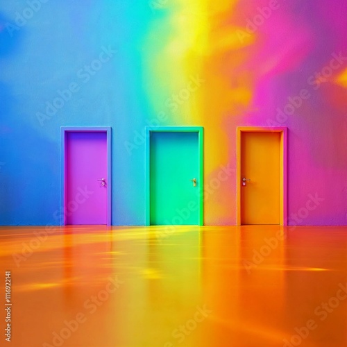 A row of vibrant, colorful doors, each representing a unique opportunity or possibility, inviting the viewer to explore and discover what lies beyond the threshold.