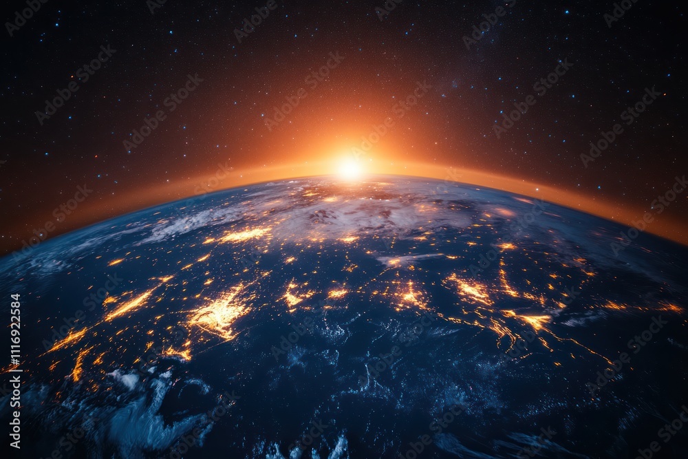Fototapeta premium Earth at Night Satellite View with City Lights Glowing Over Africa Middle East Asia