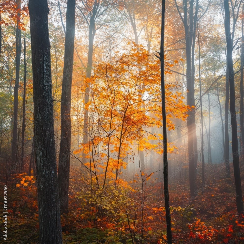 Obraz premium Autumn Sunlight Illuminates Misty Forest Trees With Golden Leaves