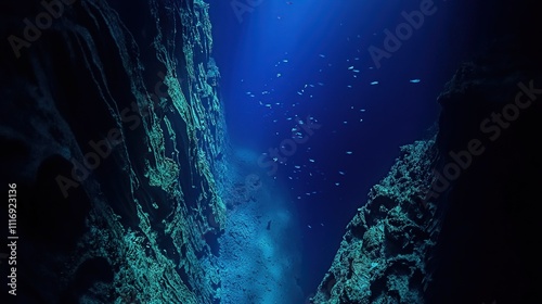 Deep ocean trench with sunlight and fish. photo