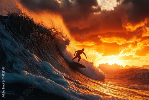 A lone surfer rides a large wave at sunset, silhouetted against the fiery sky.