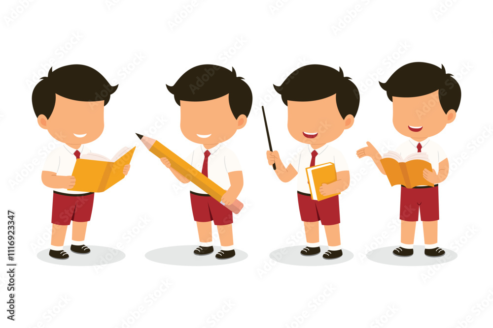 Fototapeta premium Cute Indonesian Elementary School Boys Kids group set in various gesture wearing Red and White Uniform Cartoon Vector Illustration