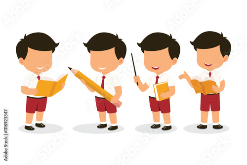 Cute Indonesian Elementary School Boys Kids group set in various gesture wearing Red and White Uniform Cartoon Vector Illustration