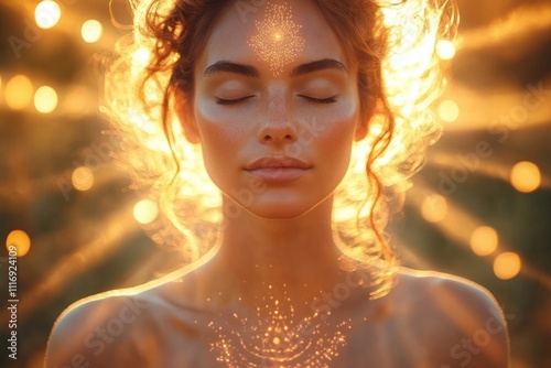 Woman Meditating in Nature Achieving Mindfulness and Spiritual Awareness Surrounded by Light and Harmony
