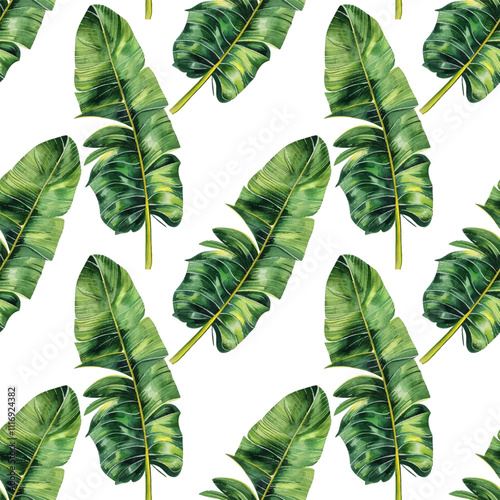 Green banana leaves tropical vector seamless pattern. Exotic jungle plant fol...