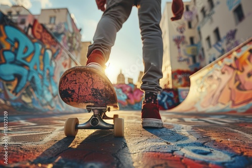 Skateboarding action of a teenager at a graffiti park urban environment dynamic perspective youth culture concept